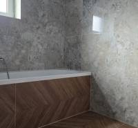 Badezimmer in einem Einfamilienhaus mit Badewanne, Fliesen mit Steinmuster, Boden mit Holzdekor.