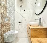 Badezimmer in einer Ferienwohnung mit minimalistischem Design und markantem Holzdekor.