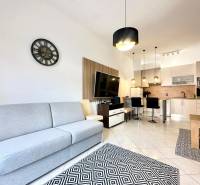 Helles Wohnzimmer mit Küche, Sofa, Fernseher und Essecke in der Ferienwohnung.