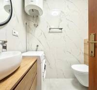 Badezimmer in einer Ferienwohnung mit Toilette, Waschmaschine und Waschbecken in Holzdekor.