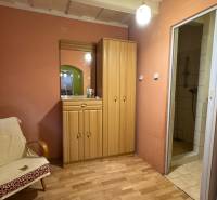 Innenraum eines Einfamilienhauses: Stuhl, Spiegel, Schrank, Boden mit Holzdekor, offene Tür zur Dusche.