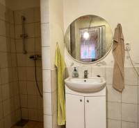 Badezimmer in einem Einfamilienhaus mit Toilette, Duschkabine und rundem Spiegel.