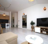 Wohnzimmer eines Ferienapartments mit Sofa, Fernseher und Kochnische.