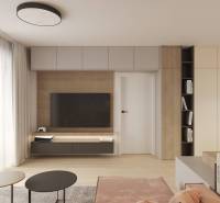 Wohnzimmer mit Fernseher, Boden mit Holzdekor, helle Vorhänge, Möbel und Bücherregal.