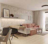 Wohnzimmer mit beiger Wand, rosa Sofa und Holzboden.