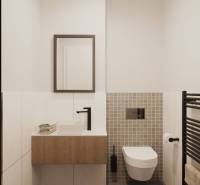 Badezimmer mit Hänge-WC, Waschbecken, Heizung und Spiegel, mit Designerfliesen.