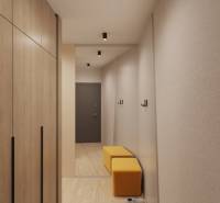 Innenraum eines Gebäudes mit Holzboden, Kleiderschrank, Spiegel und gelber Sitzgelegenheit.