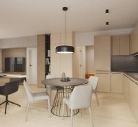 Ein helles Wohnzimmer mit Küchenzeile, modernen Möbeln und einem Boden in Holzoptik.