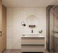 Badezimmer mit Spiegel, modernem Waschbecken und Holzelementen an den Aufbewahrungsschränken.