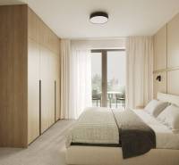 Helles Schlafzimmer mit Bett, Einbauschrank und Blick auf den Balkon durch Glastüren.