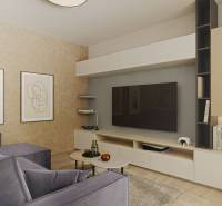 Wohnzimmerinterieur mit einem bequemen Sofa, Fernseher, Bildern und einem Boden in Holzoptik.