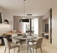 Wohnzimmer mit Esstisch, Holzboden und Balkon.