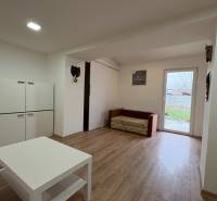 Wohnzimmer in einer Einzimmerwohnung mit Möbeln und Boden in Holzoptik.