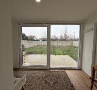 Einzimmerwohnung mit Blick auf den Garten und einem Boden in Holzoptik.