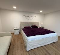 Schlafzimmer in einer Einzimmerwohnung mit Holzboden, Bett und dekorativem Element an der Wand.