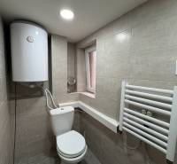 Badezimmer in einer Einzimmerwohnung mit Sanitäreinrichtungen, Boiler und weißem Handtuchheizkörper.