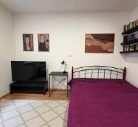 Schlafzimmer in einer Einzimmerwohnung mit Fernseher und Bildern an den schlichten Wänden.