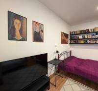 Einzimmerwohnung mit Bett, Bücherregalen und Fernseher, Boden mit Holzdekor.