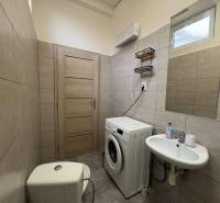 Badezimmer mit Waschmaschine und Waschbecken in einer Einzimmerwohnung mit Fliesen.