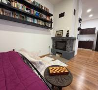 Kamin, Bibliothek und Küche in einer Einzimmerwohnung mit Holzboden.