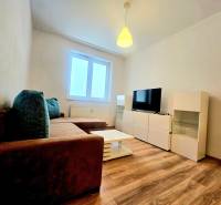 Wohnzimmer einer Zweizimmerwohnung mit Sofa, Fernseher und Holzboden.