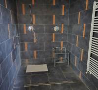 Ein Badezimmer mit dunklen Fliesen, einer Dusche und einem weißen Heizkörper im Gebäude.