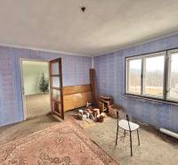 Ein Zimmer in einem Einfamilienhaus mit blauer Tapete, alten Möbeln und einem Teppich.