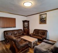 Wohnzimmer in einem Einfamilienhaus mit Ledersofas und einem Boden in Holzoptik.