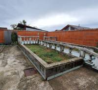 Der Hof des Einfamilienhauses in Zacharovce mit einem Blumenbeet und einem Betonweg.