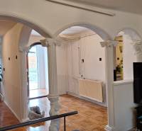 Innenraum eines Einfamilienhauses mit Rundsäulen und einem Boden in Holzoptik.