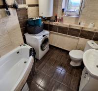 Badezimmer in einem Einfamilienhaus mit Badewanne, Waschmaschine und dekorativen braunen Fliesen.