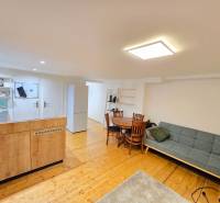 Wohnbereich einer Einzimmerwohnung mit Sofa, Esstisch, Küche und Boden mit Holzdekor.