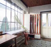 Ein Interieur in einem Einfamilienhaus mit einem Blumentopf, einem Tisch und einem Regenschirmständer.