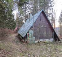 Eine Hütte im Wald in der Straße Krpáčovo in Krpáčovo mit einem schrägen Blechdach.