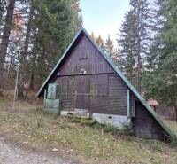 Eine Hütte in Krpáčovo, eingetaucht im Wald, sichtbar ist die Holzkonstruktion und die Umgebung mit Nadelbäumen.