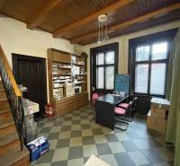 Ein Innenraum mit einer Holzdecke und einem dekorativen Boden, enthält einen Tisch mit Stühlen und Regale.