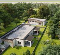 Einfamilienhäuser in Žihárec, umgeben von grünen Bäumen, mit Schwimmbad und Zufahrtsstraße.