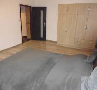 Schlafzimmer in einer 2-Zimmer-Wohnung mit Holzboden, Bett und Kleiderschrank.
