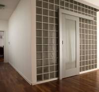 Innenraum eines Einfamilienhauses mit Glastüren und einem Boden in Holzoptik.