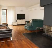 Wohnzimmer mit Kamin, Fernseher und Holzboden in einem Einfamilienhaus.