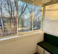 Ein verglaster Balkon in einer 3-Zimmer-Wohnung mit einer grünen Bank und Blick auf die Bäume.