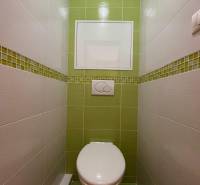 Toalette in einer 2-Zimmer-Wohnung mit weißen und grünen Fliesen.