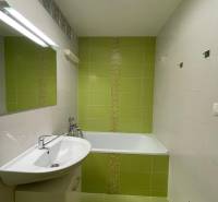 Badezimmer in einer 2-Zimmer-Wohnung mit grünen Fliesen, Waschbecken und Badewanne.