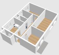 3D Grundriss einer 3-Zimmer-Wohnung mit Holzboden.