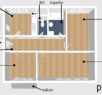 Grundriss einer 3-Zimmer-Wohnung mit Holzboden, Küche und Balkon.