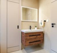 Badezimmer in einer 3-Zimmer-Wohnung mit beleuchtetem Spiegel und Schrank in Holzdekor.