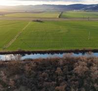 Blick auf grüne Felder, den Fluss und Wälder in der Umgebung von Nová Ves nad Váhom.