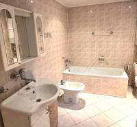 Badezimmer mit Badewanne, Waschbecken und Spiegelschrank in einem Einfamilienhaus.