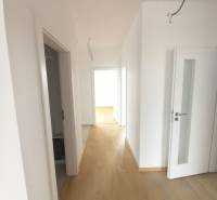 Ein Flur in einem Einfamilienhaus mit weißen Wänden und einem Boden in Holzoptik.