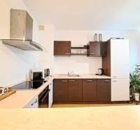 Küche in einer 2-Zimmer-Wohnung mit Holzschränken und Geräten auf der Arbeitsplatte.